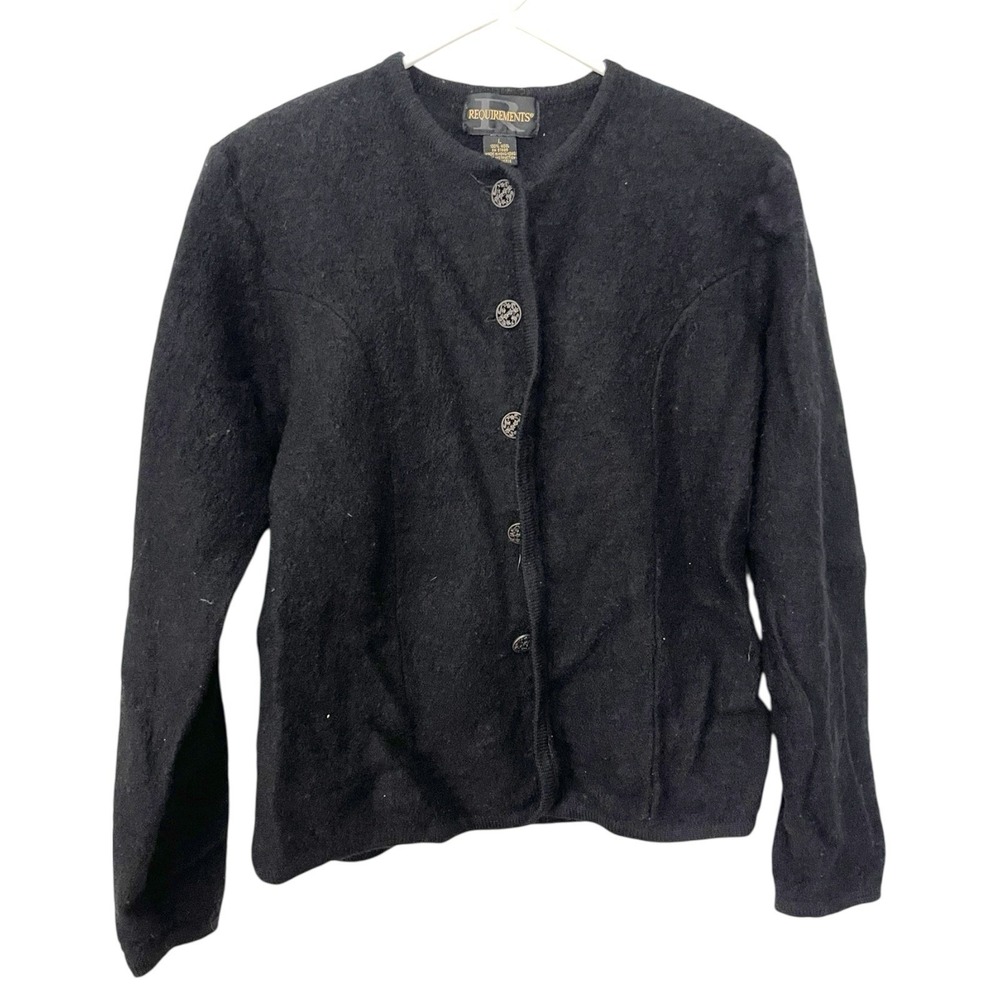 Requirements L Black Cardigan 100% Wool Filigree Button Knit Dark Academia